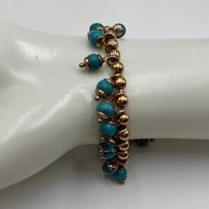 Milor Bronze Italy Faux Blue Turquoise Beaded Dangle Rose Tone Bracelet